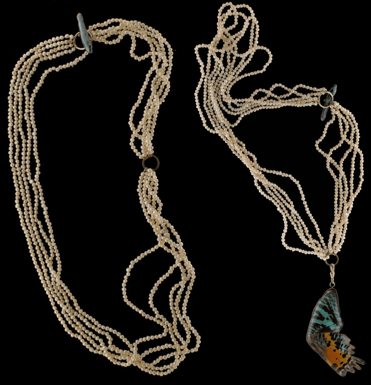 One of a kind 5 Strand Pearl Necklace with Black Pearl and Gold Clasp