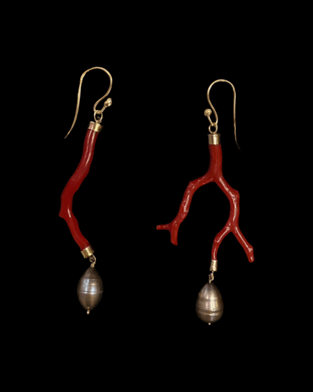Coral Branch and Black Pearl Earrings - Image 3